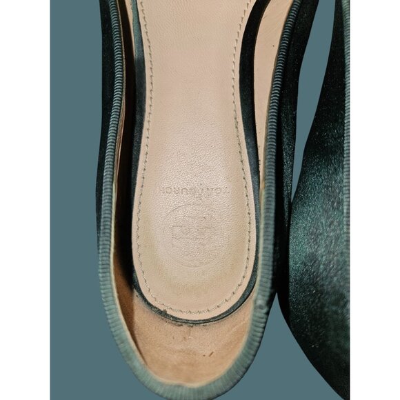 Tory Burch Green Satin Delphine T Logo Embellished Ballet Flats Size 8M - Picture 9 of 14